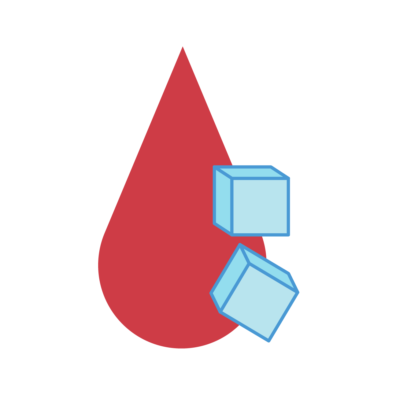Blood droplet with two sugar cubes next to it to indicate hyperglycemia.
