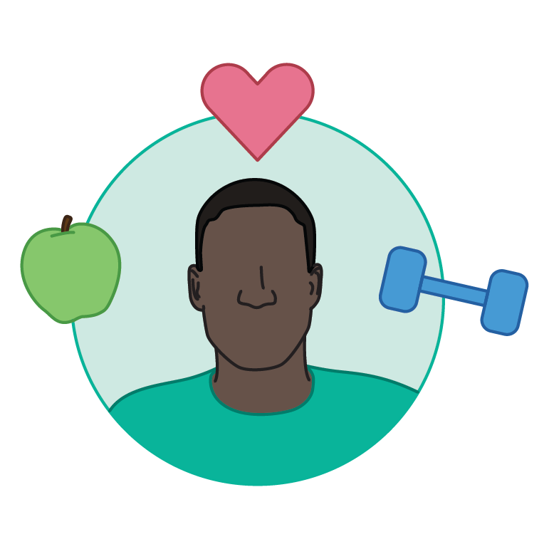 black man with apple, heart, and weight.