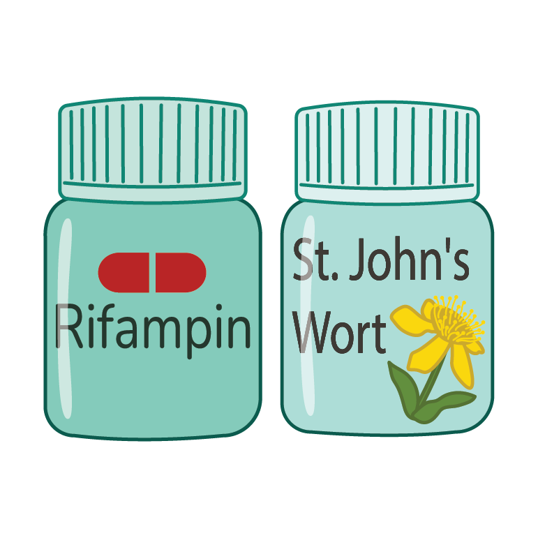 pill bottles labeled rifampin and St. Johns Wort