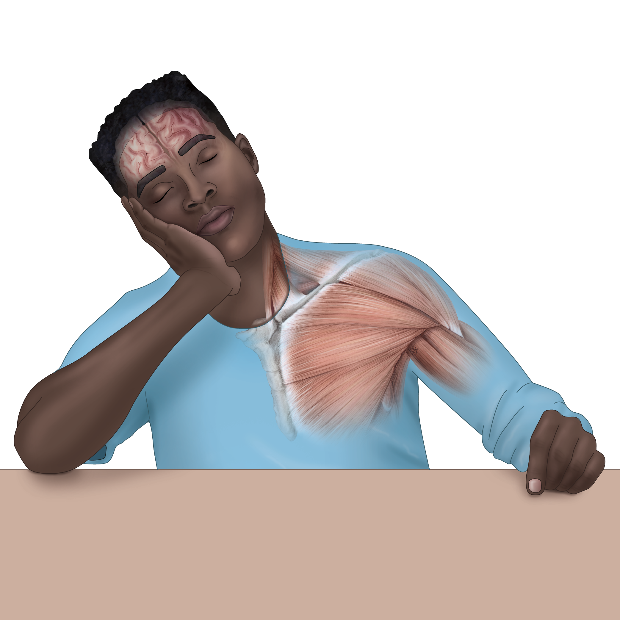 Black man with head resting on hand. Brain and shoulder musculature shown transparently.