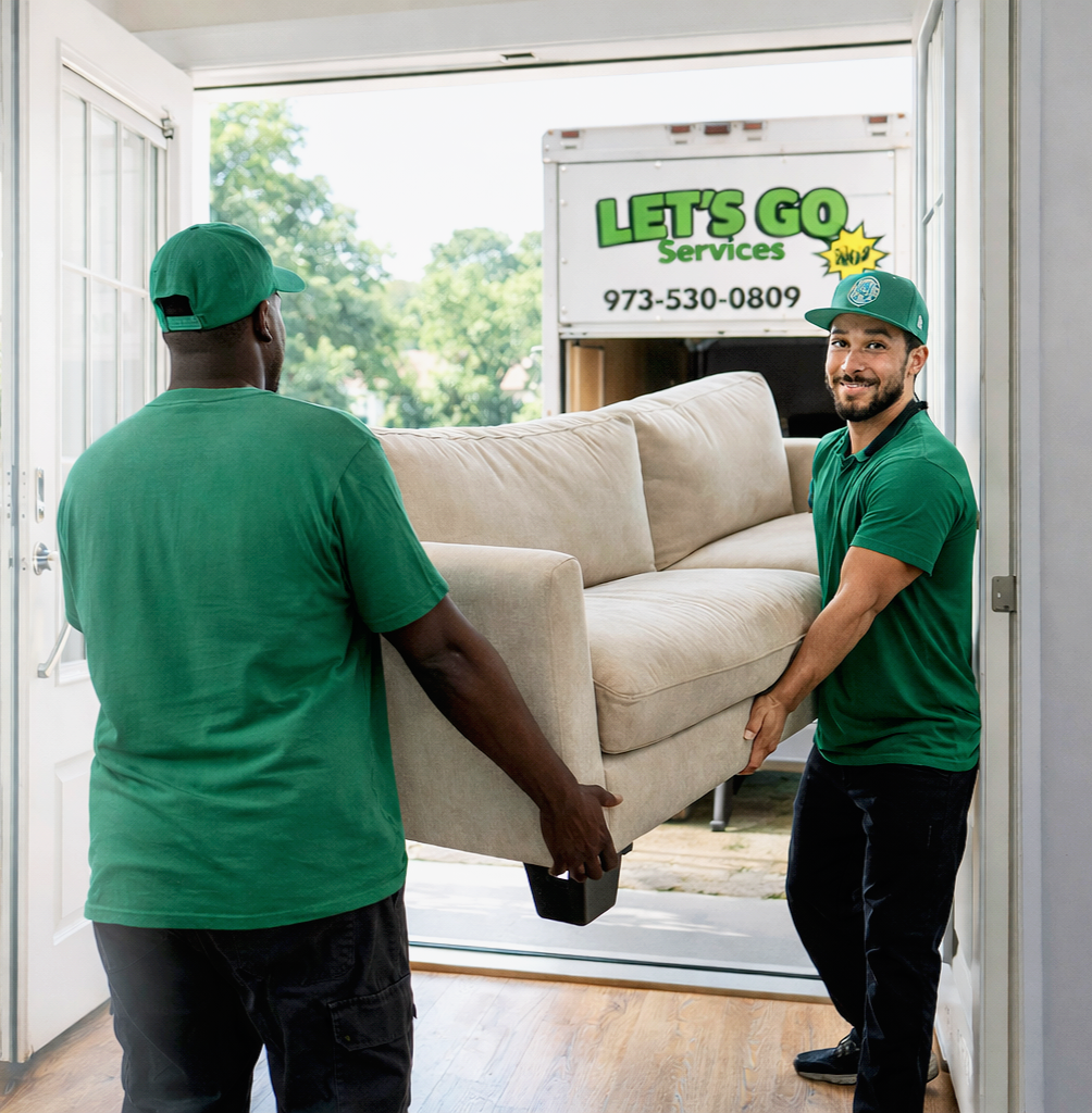 Two movers in green shirts and caps carrying a beige sofa into a house with the door open, with a truck visible outside.