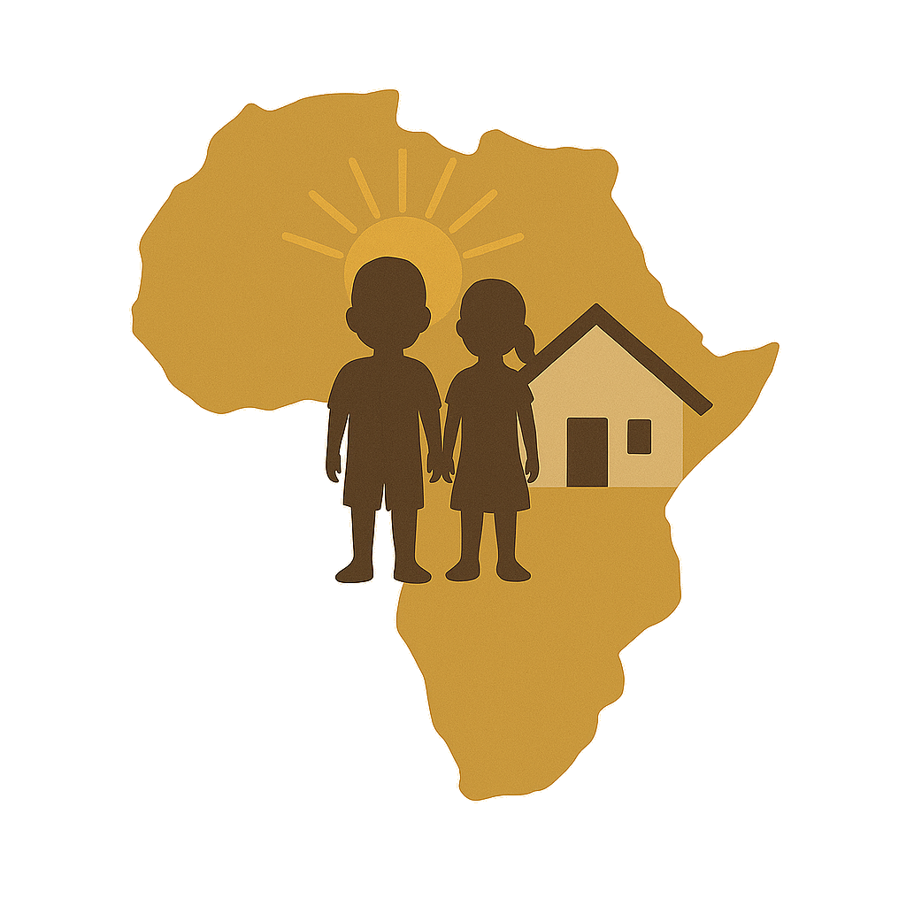Silhouette of two children holding hands inside an outline of Africa, with a house and a sun in the background.