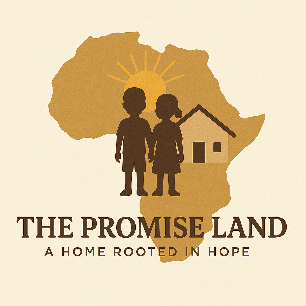 Silhouettes of a boy and girl holding hands in front of a house, overlaid on a map of Africa with a rising sun in the background, with text 'The Promise Land: A Home Rooted in Hope'.
