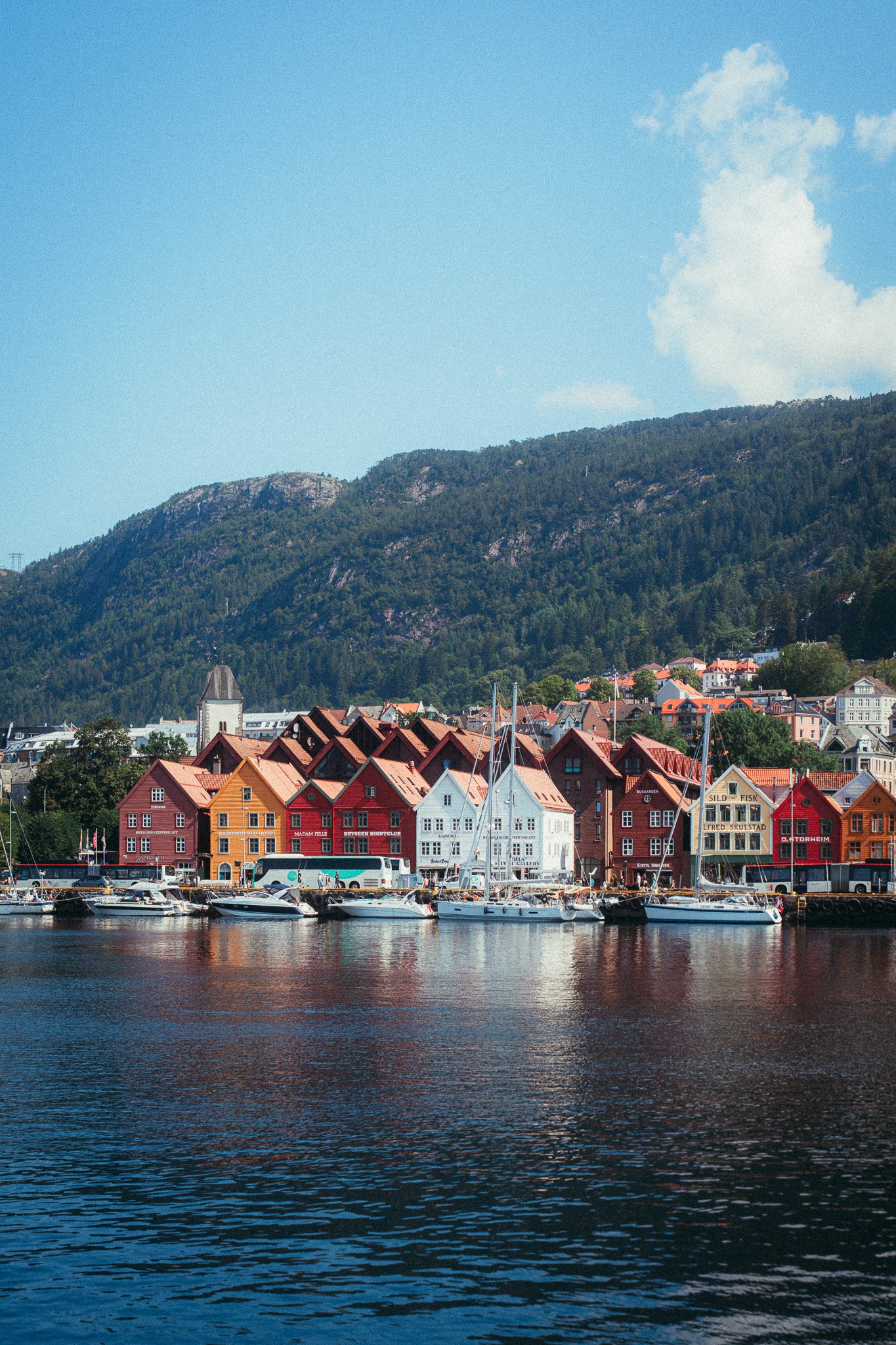 Colorful houses and boats along the waterfront in a Scandinavian coastal town with mountains in the background.