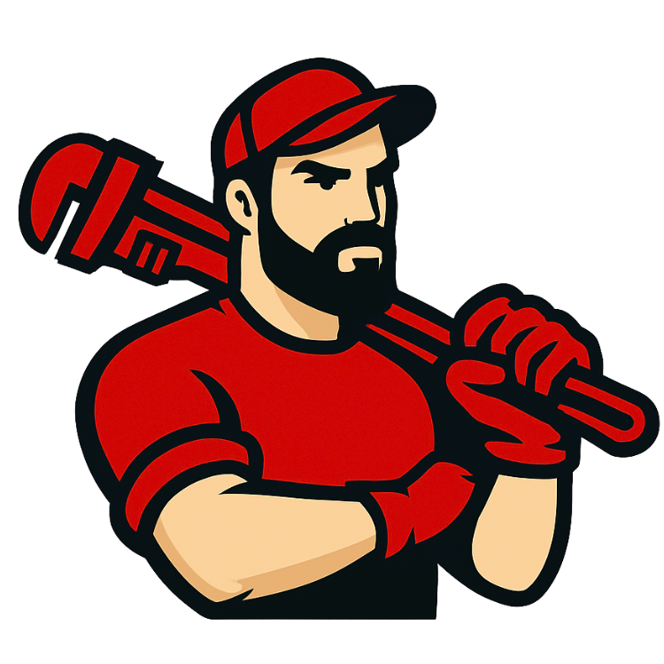 Graphic illustration of a man with a beard and cap, wearing a red shirt, holding a red pipe wrench over his shoulder.