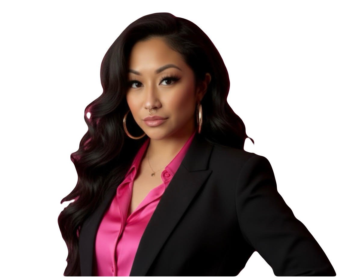 A woman with long wavy black hair, wearing a black blazer over a pink blouse, gold hoop earrings, and makeup, posing against a white background.