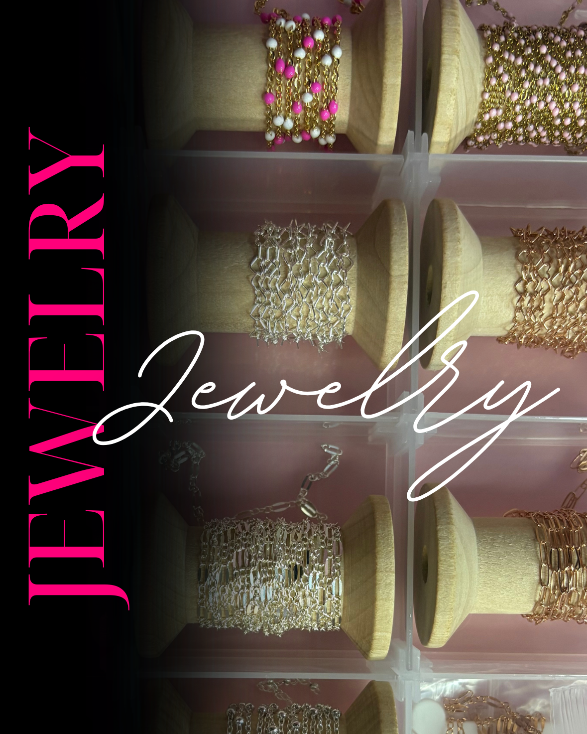 Jewelry display with gold and silver bracelets and necklaces, with the words 'JEWELRY' in pink and 'Lovely' in white written across the image.