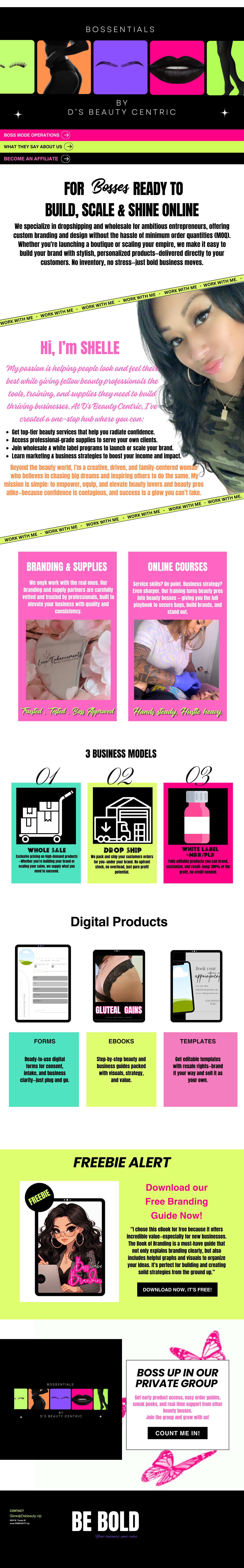 A promotional graphic for Boss Essentials by D's Beauty Centric, featuring images of women, beauty products, and business models focusing on online business opportunities, branding, supplies, and digital products.