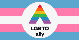 LGBTQ ally logo with rainbow-colored letter A and pink, white, and blue stripes in the background.