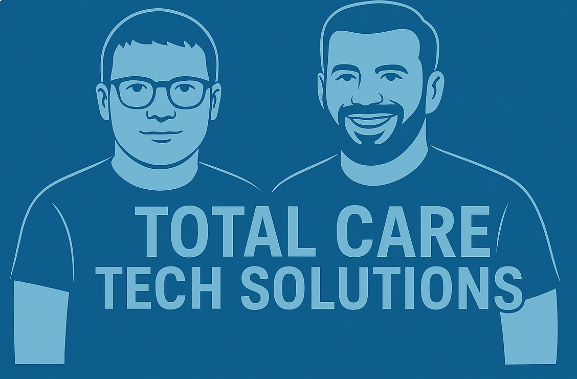 Illustration of two smiling men with the text "Total Care Tech Solutions."