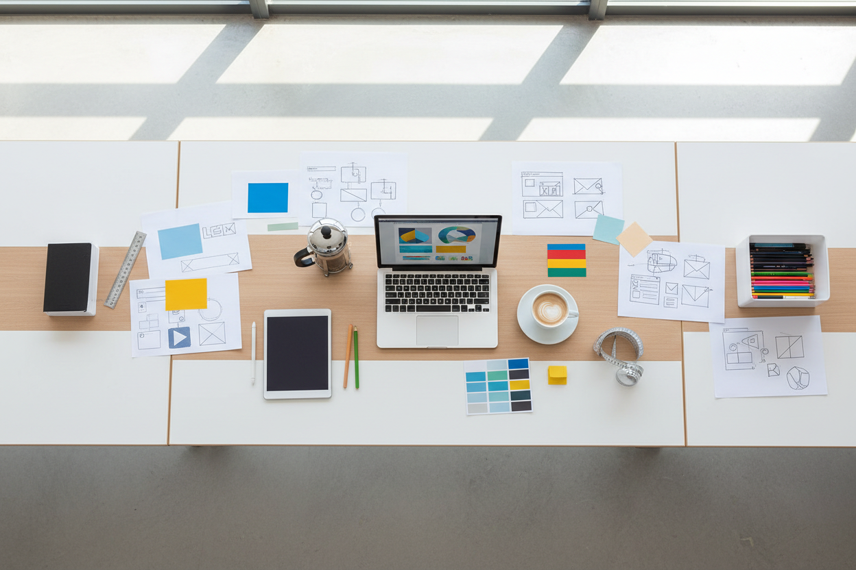 A top-down view of a work desk with a laptop, tablet, papers with sketches and color palettes, colored pencils, a cup of coffee, a container of markers, a measuring tape, a ruler, a notebook, sticky notes, and a tablet.