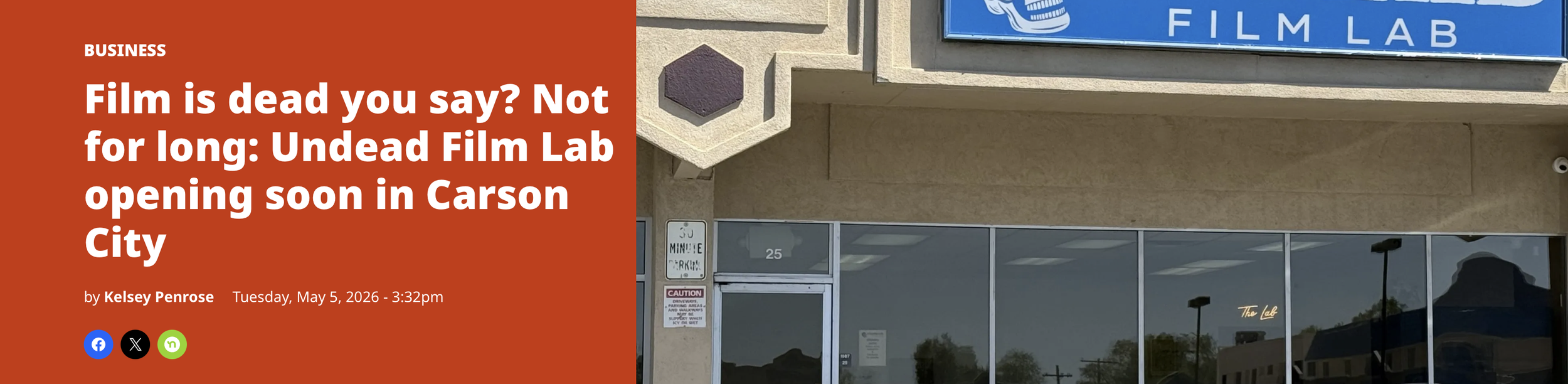 Exterior view of a storefront with glass windows and doors, signage indicating 'Film Lab' in Carson City, with a blue sign above the entrance and various notices posted on the door.