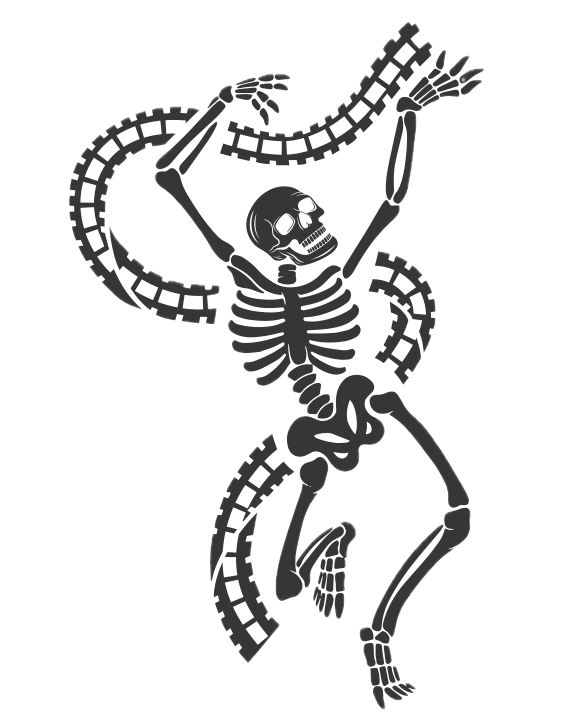Black and white illustration of a skeleton with a skull, holding film coiled around its body against a white background.