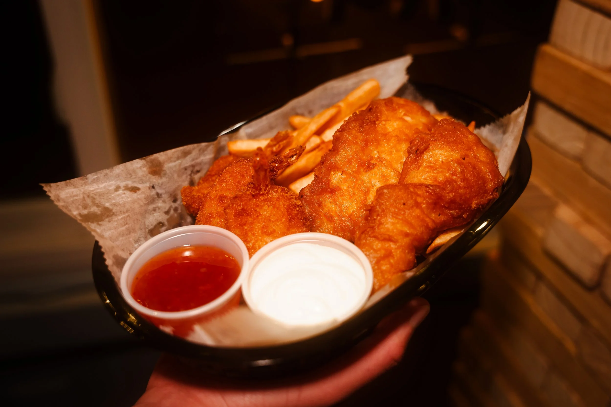 Fish and Shrimp basket with French fries, served with Tartar Suace and Ketchup