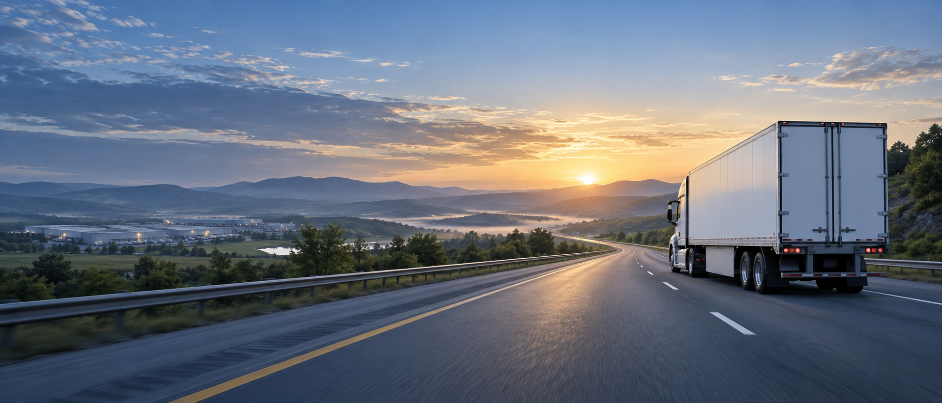 Semi-truck with a white trailer on a highway at sunset