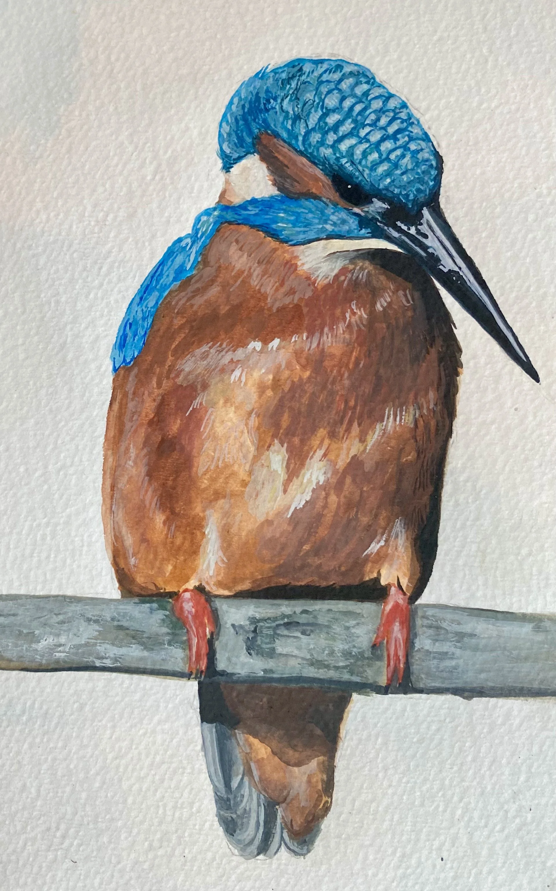 Painting of a kingfisher bird with blue head, orange body, and red feet, perched on a gray branch.