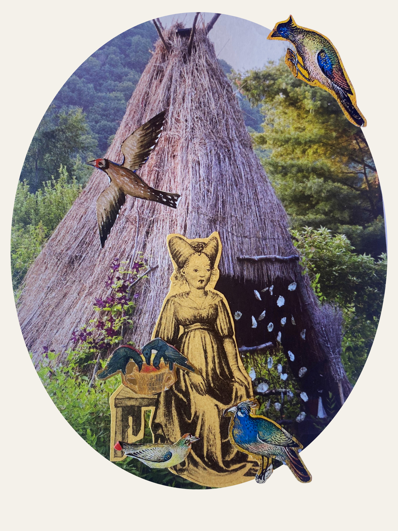 Collage of vintage paper cutout women and illustrated birds over a photograph of a traditional tipi in a forest.