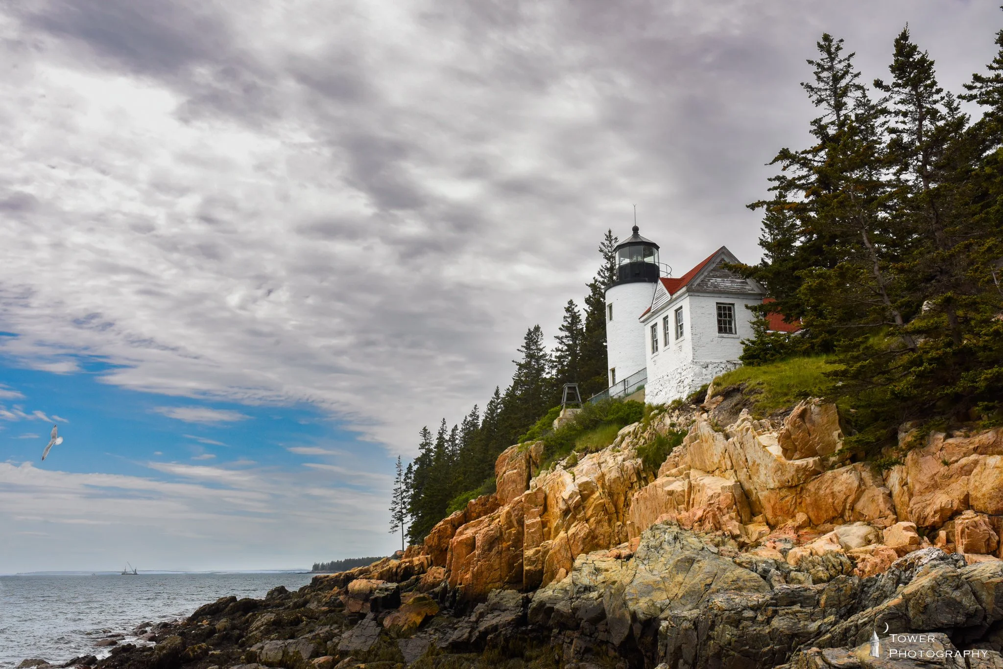 A white lighthouse with a black top and attached building on a rocky cliff by the sea, with a forest in the background and cloudy sky.