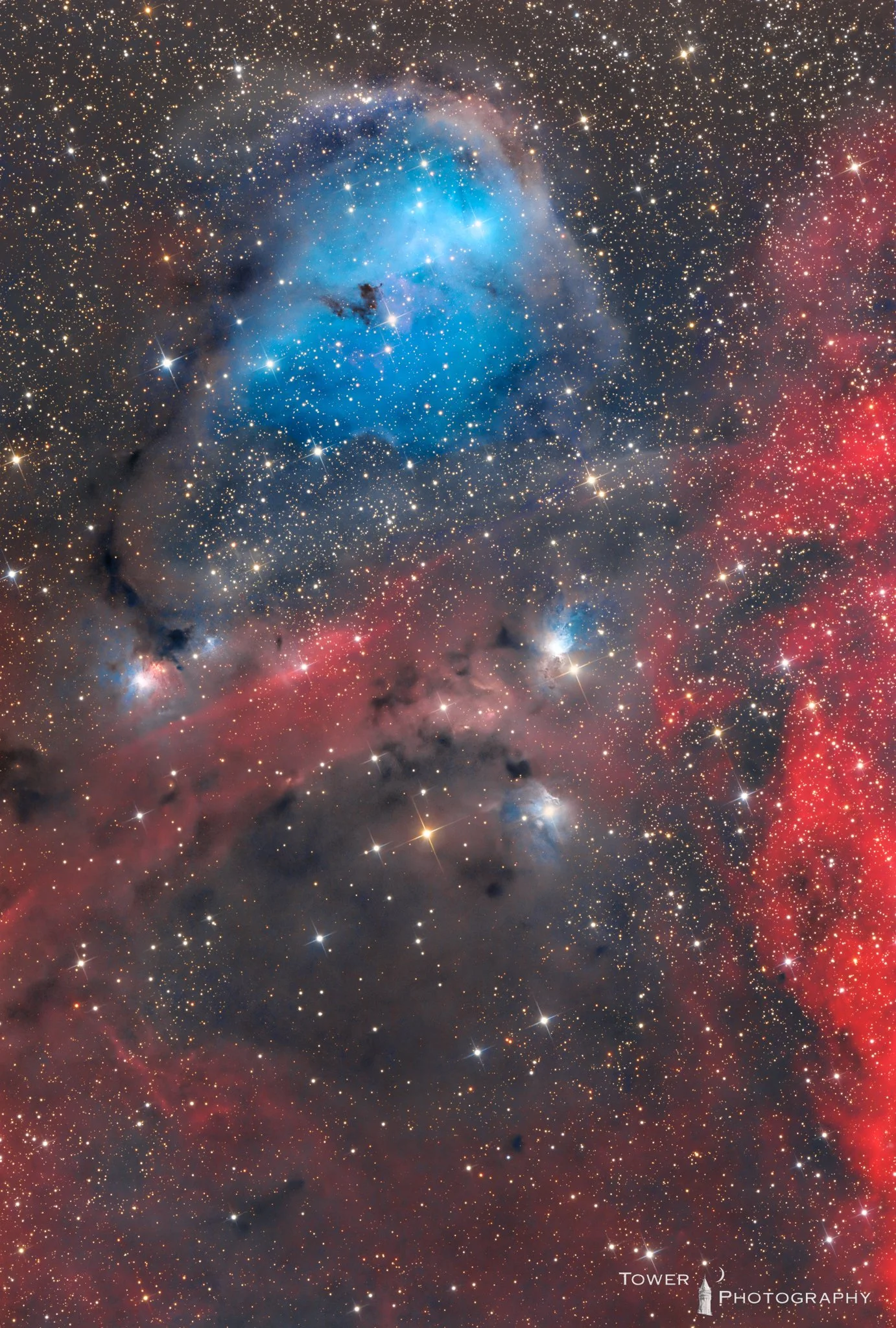 A nebula in outer space with bright stars, blue and pink clouds, and dark dust lanes.