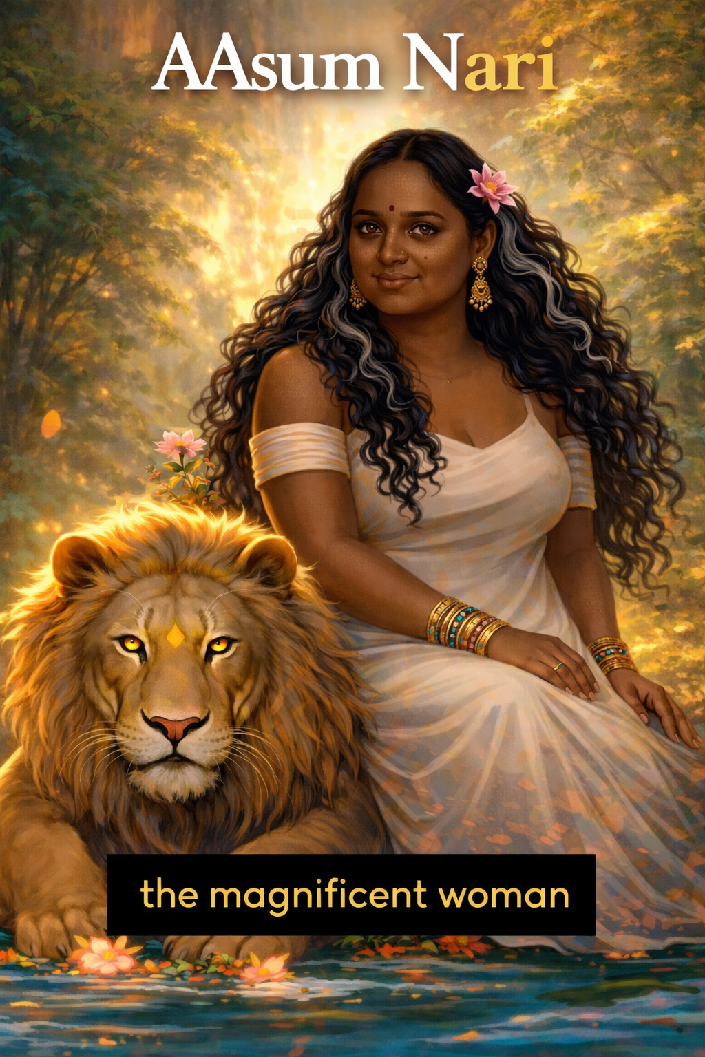 A woman with long curly hair adorned with a pink flower, wearing traditional Indian attire and jewelry, sitting beside a lion in a lush, sunlit forest setting with a glowing background. The text at the top reads "AAsum Nari" and at the bottom, "the magnificent woman."