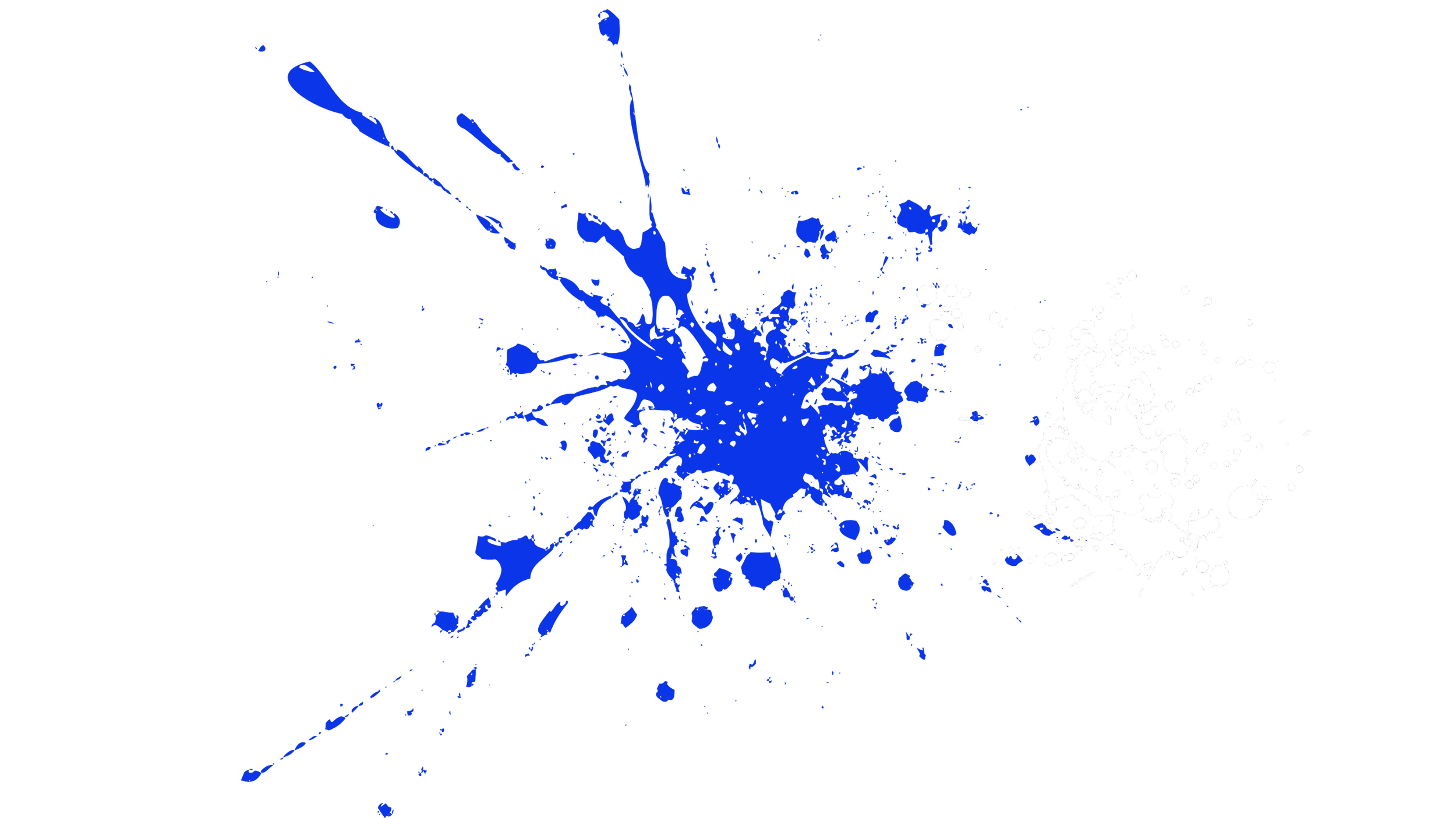 Black background with blue and white paint splatters of various sizes and shapes.