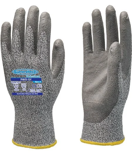 Pair of gray work gloves with yellow wristbands, one showing the textured exterior and the other showing the smooth interior.