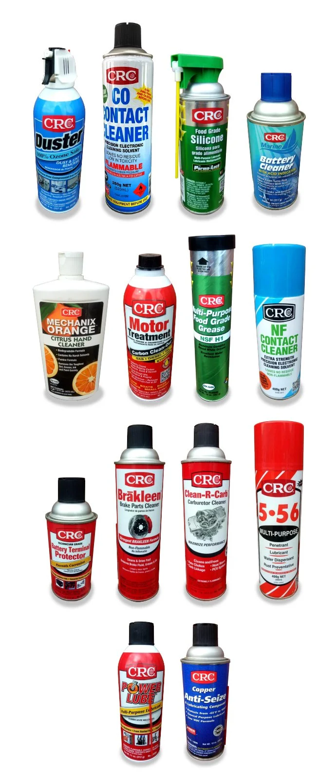 A collection of CRC maintenance and cleaning products, including cleaner sprays, silicone, grease, contact cleaners, motor treatment, brake cleaner, carburetor cleaner, water dispersant, lubricants, and anti-seize compounds.