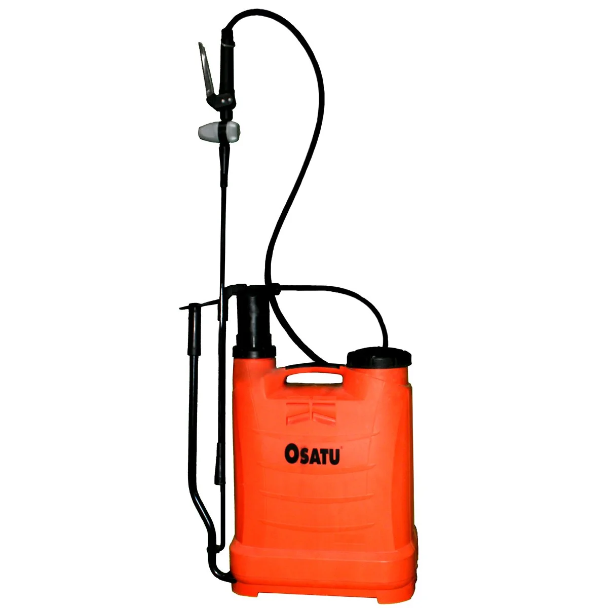 Orange Osatu sprayer with hose and spray wand on a white background.