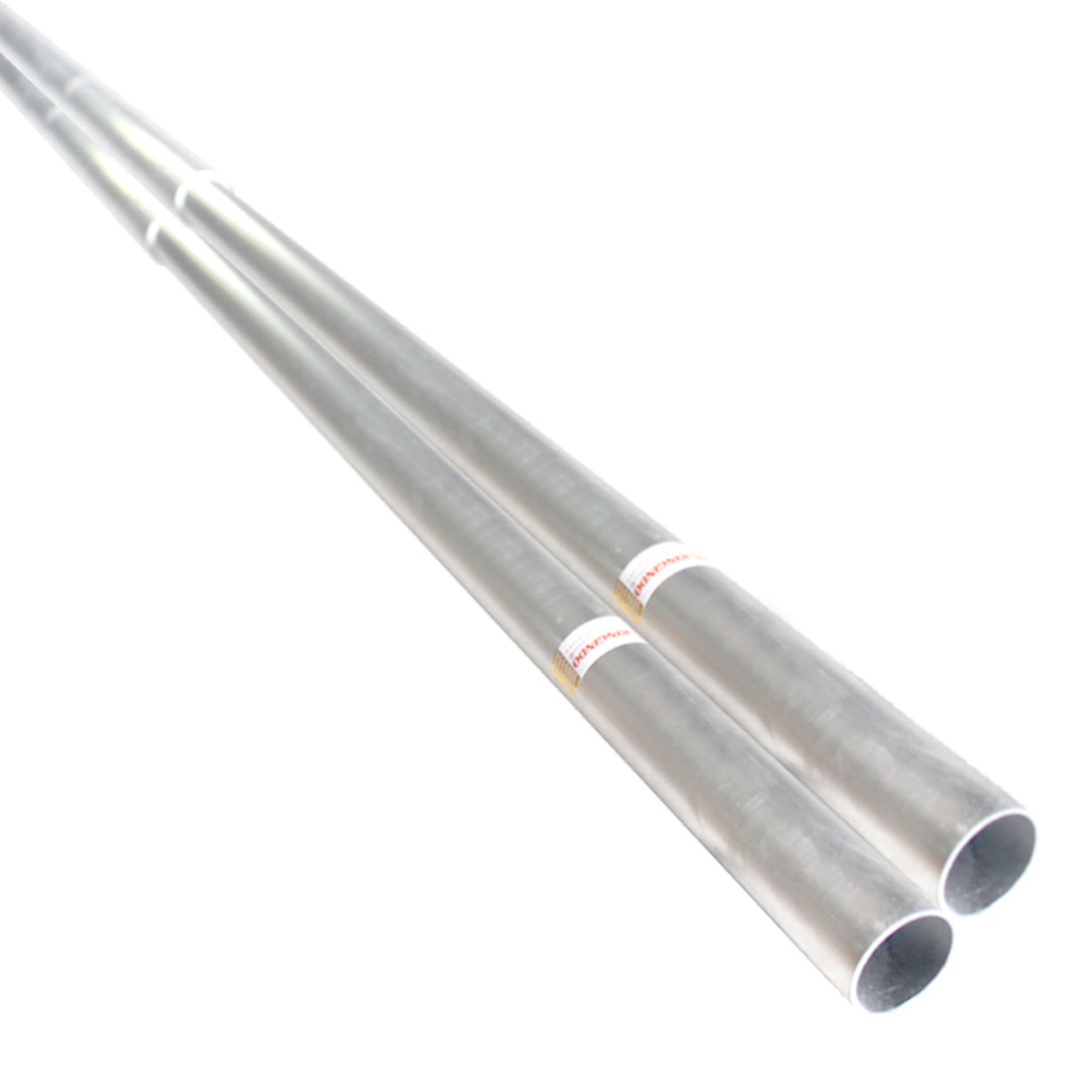 Two long metal pipes with stickers on a white background.