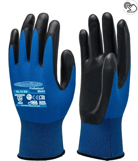 A pair of black and blue work gloves, with the left glove showing a label with brand and size information.