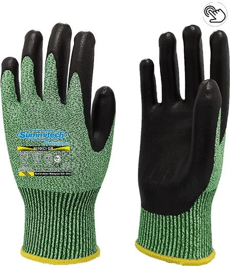 A pair of green and black Work Gloves with a label from Summitech.