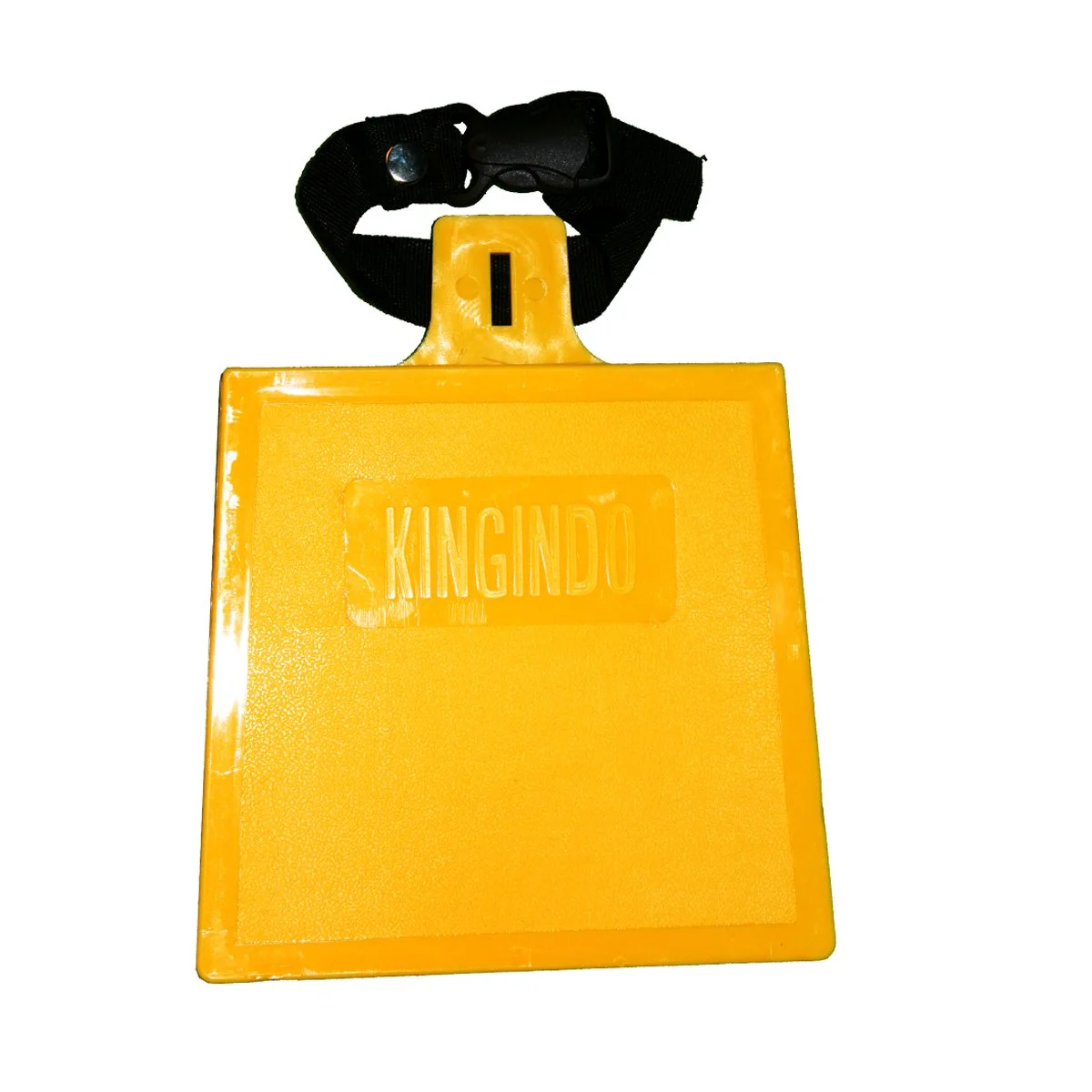 Yellow ID badge with the word 'KINGINDO' inscribed, attached to a black lanyard.