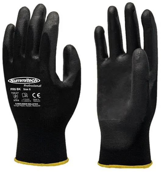 Pair of black work gloves with label on one glove, showing the brand 'Summitech' and size '8K'.