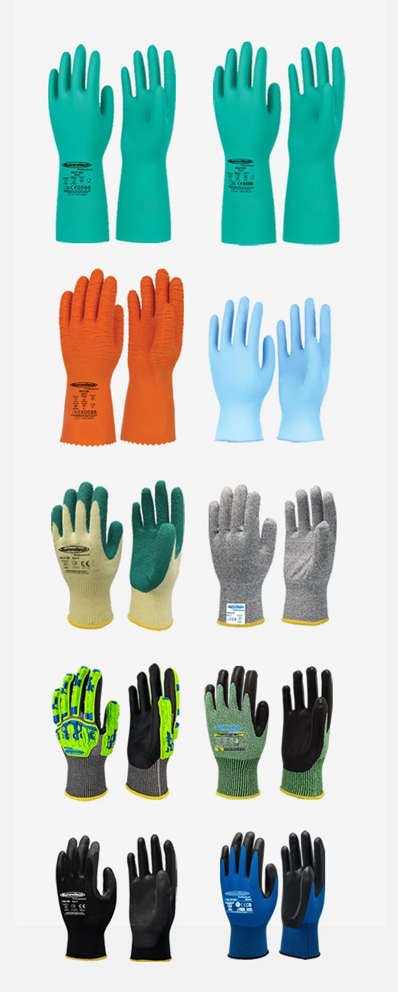 A collection of various work gloves in different colors and styles, displayed in rows.
