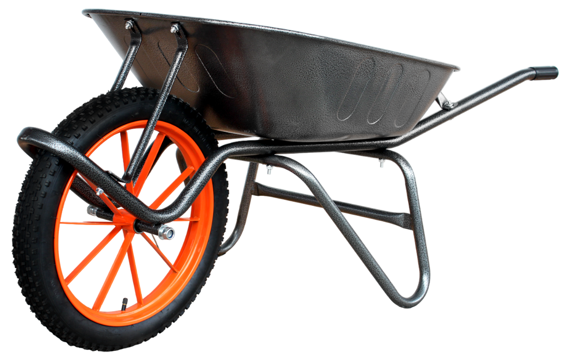 A black wheelbarrow with orange wheel rim and black tires, featuring a metal frame and a large plastic tub for carrying loads.