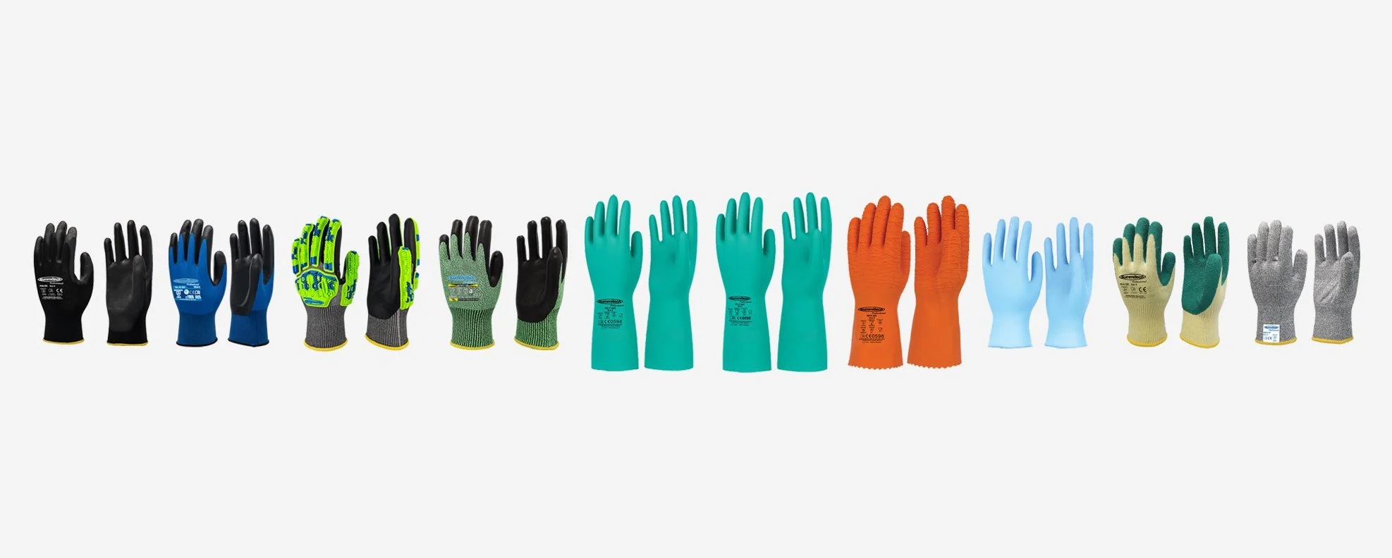 A variety of work gloves in different colors and materials arranged in a row on a white background.