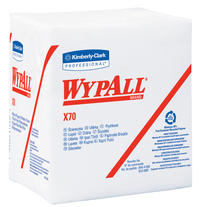 A package of Kimberly-Clark WypAll X70 cleaning wipes with blue and red branding on white background.