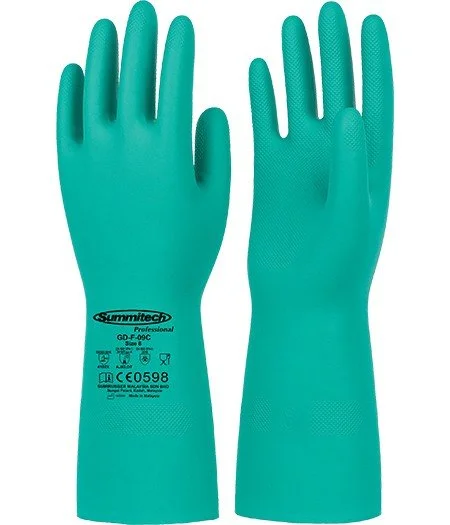 Pair of turquoise, industrial rubber gloves with textured palms and fingers.