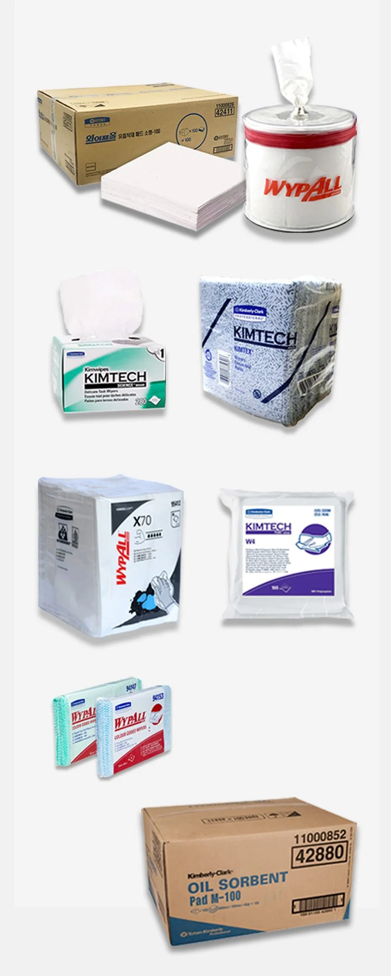 Collection of industrial cleaning supplies including paper towels, trash can, disinfectant wipes, cleaning cloths, and oil sorbent pads.