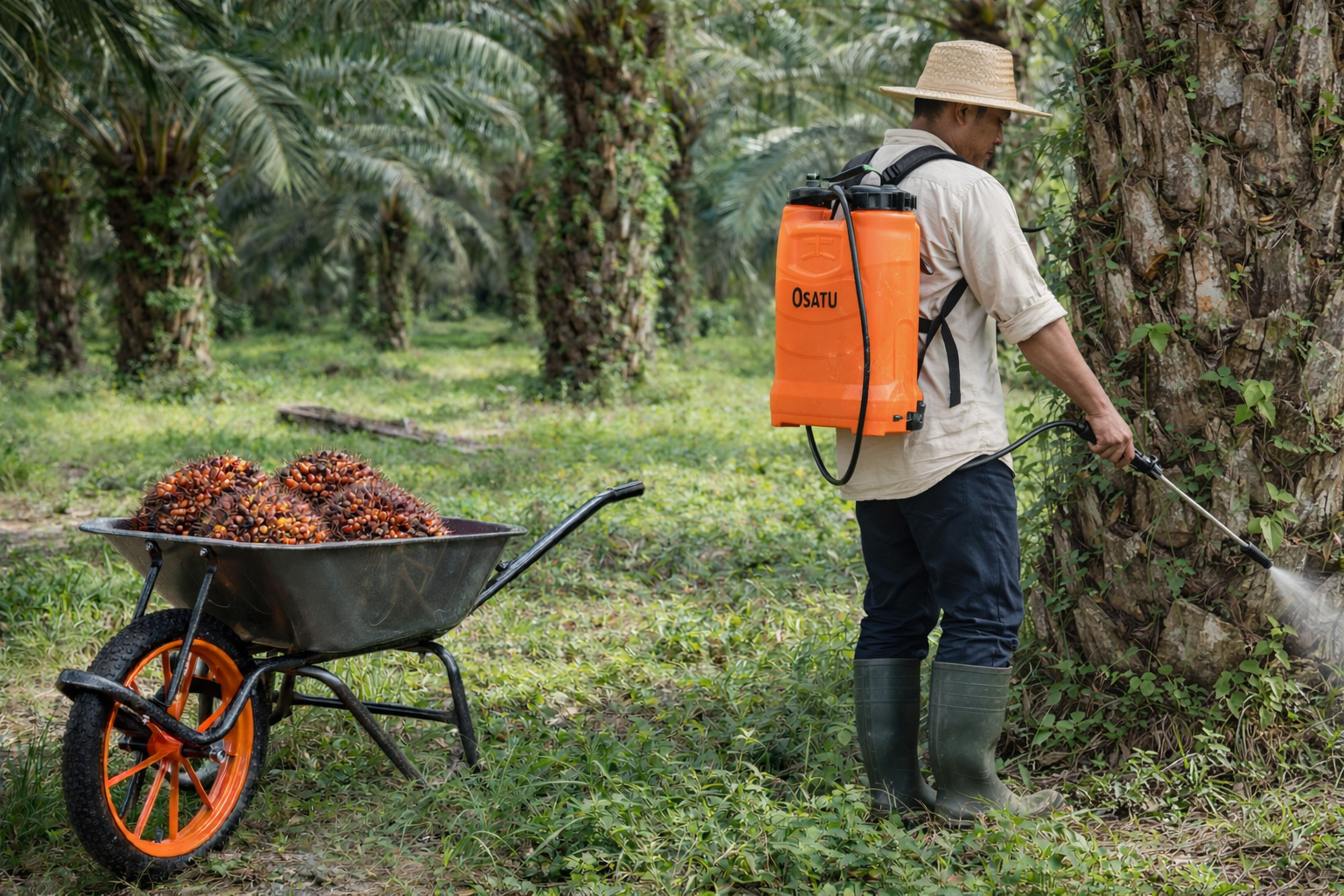 A farmer spraying trees in an orchard with a backpack sprayer, standing next to a wheelbarrow filled with oil palms.
