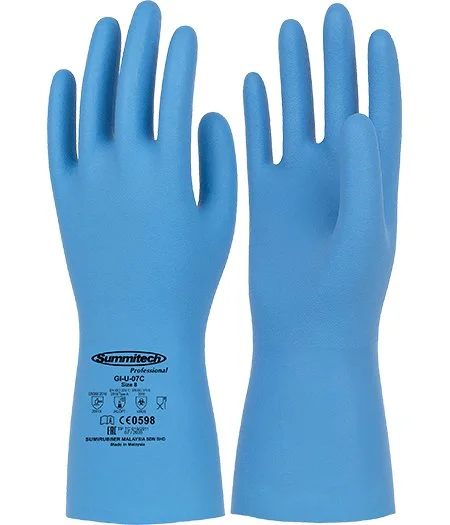 Pair of blue rubber gloves against a white background.