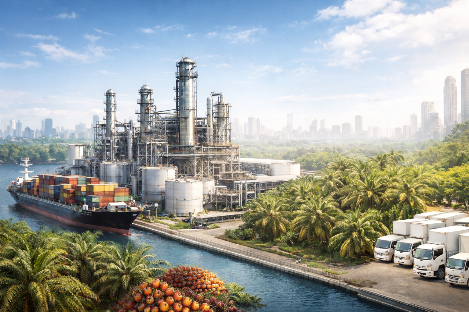 Container ship docked near a large industrial refinery with tall storage tanks, surrounded by greenery and high-rise city buildings in the background.
