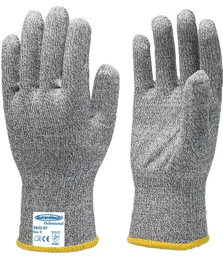 A pair of gray protective work gloves with yellow trim, made of a woven material.
