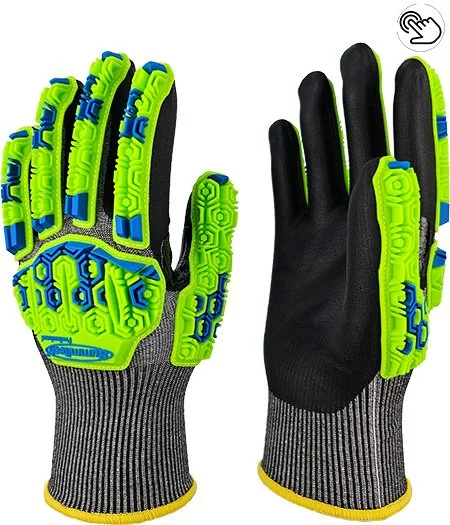 A pair of work gloves with black fabric on the palms and fingers, neon green and blue rubberized protective pads on the back, and a gray knitted wrist cuff with yellow trim.