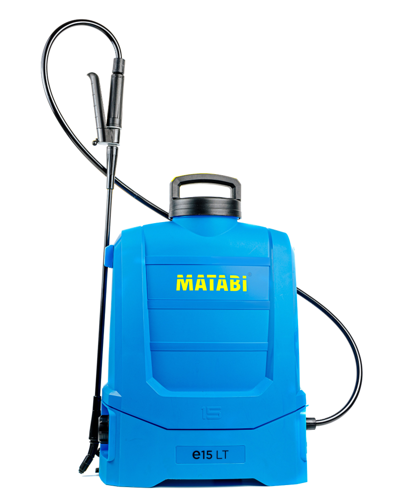 A blue backpack sprayer with the brand name 'MATABI' written on it, featuring a black handle on top, a spraying wand, and a hose, used for applying liquids such as pesticides or herbicides.