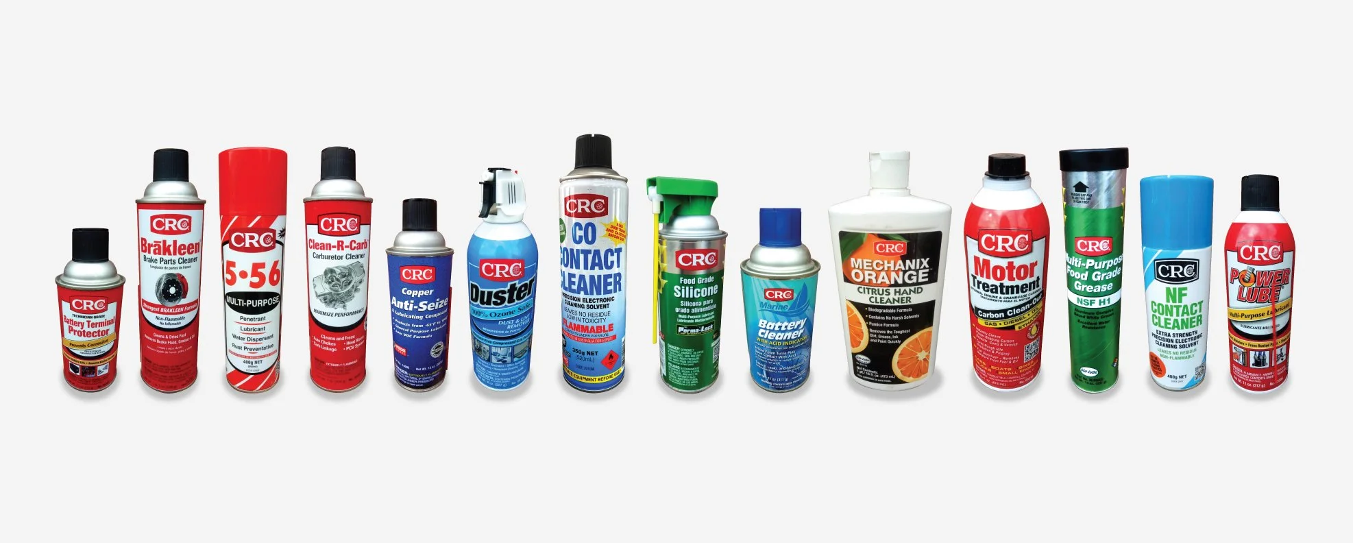 A variety of CRC branded automotive and industrial spray cans and bottles lined up in a row.