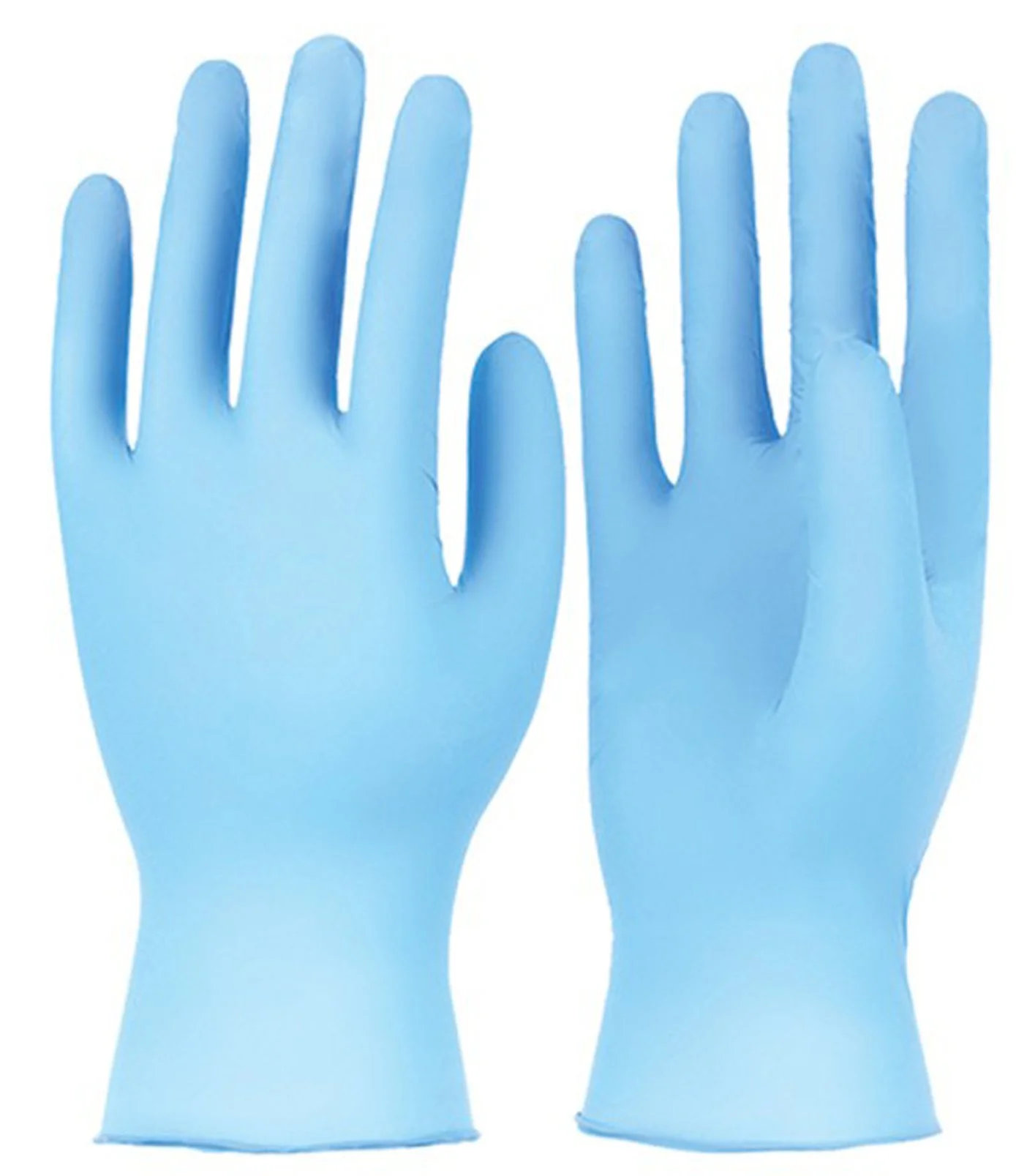 A pair of blue disposable gloves with fingers extended.