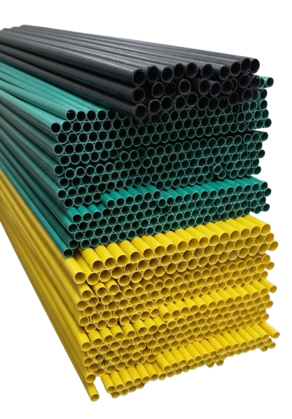 Piles of colorful plastic pipes in black, teal, and yellow stacked together.