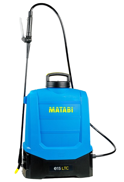 Blue Matabi e15 LTC pressure sprayer with a black handle and nozzle, and a hose attached.