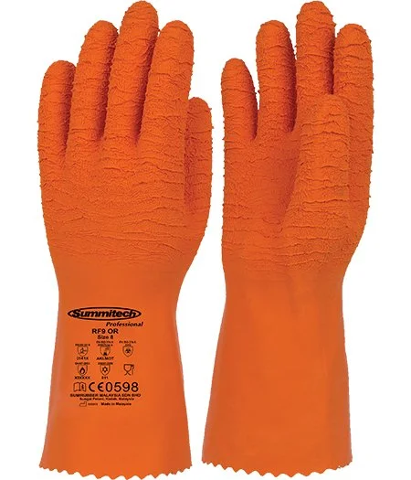 Pair of orange protective work gloves with black text and logos on the wrist area.